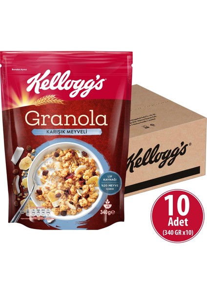 Granola Karışık Meyveli 340 gr x 10 Adet, %45 Yulaf Içerir, Lif Kaynağı, %20 Kurutulmuş Meyve