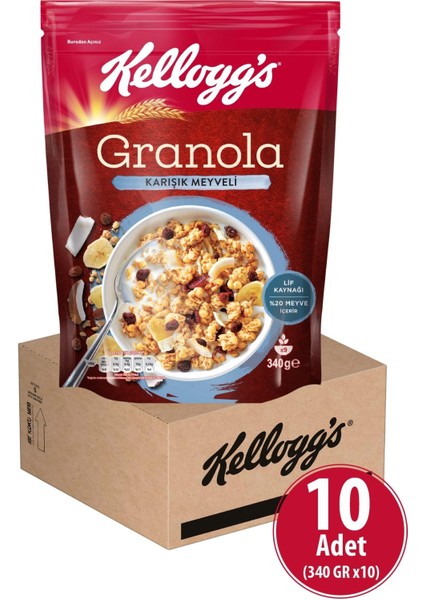 Granola Karışık Meyveli 340 gr x 10 Adet, %45 Yulaf Içerir, Lif Kaynağı, %20 Kurutulmuş Meyve