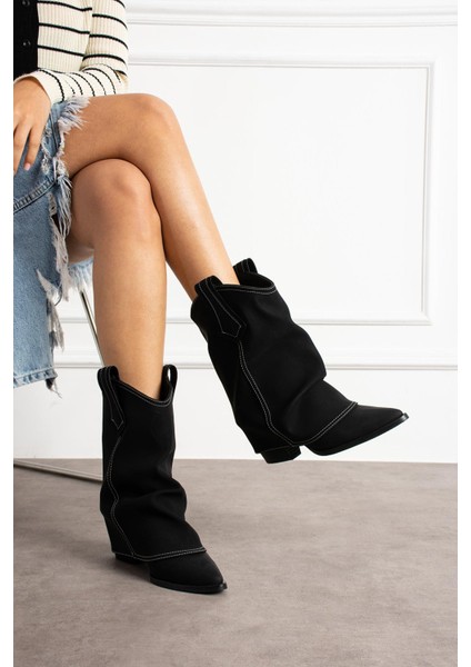 Livinya Kadın Kovboy Bot Körüklü Mat Siyah Deri fırsatları