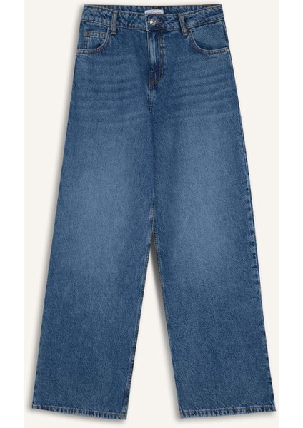 Wide Leg Yüksek Bel Düz Paça Uzun Jean Yıkamalı Pantolon D5412AX24WN