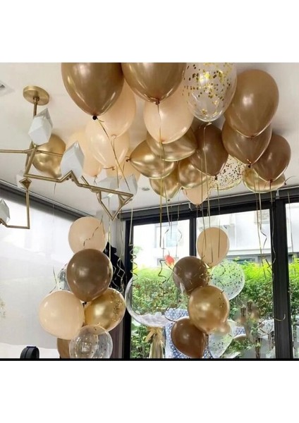 Krom Gold Kahverengi Ten Gold Konfetili Şeffaf Balon 20 Li Set