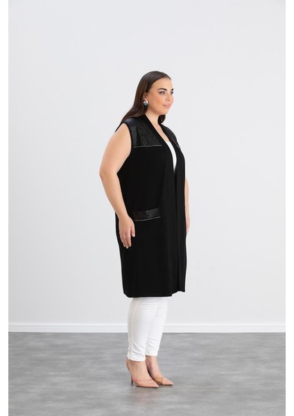 Wearon Kadın Ajda 2 Ip Kristal Süs Deri ve Taşlı Cepli Siyah Yelek modelleri