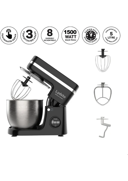 Kitchen Helper 1500W - 5 Lt - 8 Kademe Dokunmatik Dijital Ekran Stand Mikser Hamur Yoğurma Makinesi