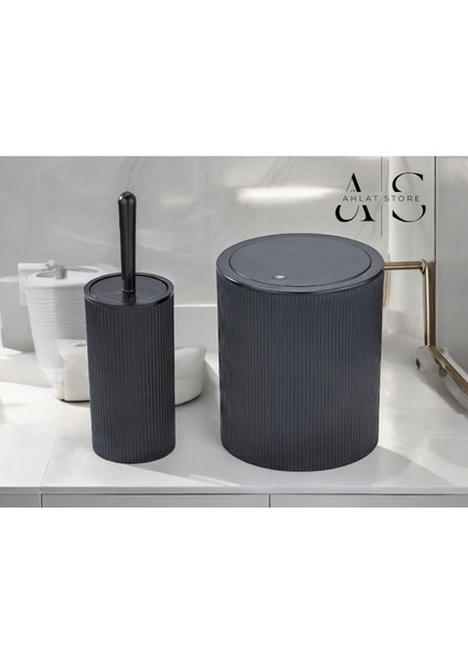 Tekno Trust Yuvarlak Çöp Kovası & Yuvarlak Tuvalet Fırçası Seti Ikili Banyo Seti Siyah