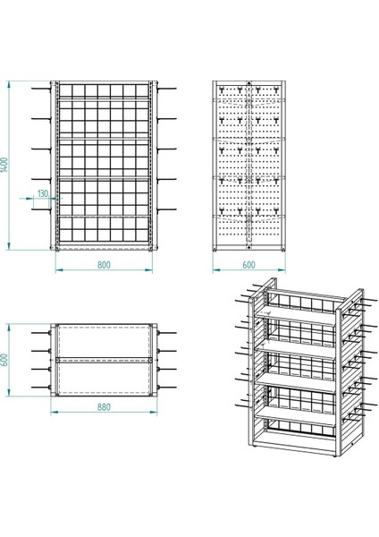 80 x 60 Çift Taraflı Metal Beyaz Stand Metal Raflı ve Yan Modüllü Kancalı Set