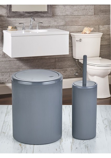 Tekno Trust 2'li Banyo Seti -Stil Yuvarlak Dokunmatik Pratik Kapaklı Çizgili Banyo Çöp Kovası -