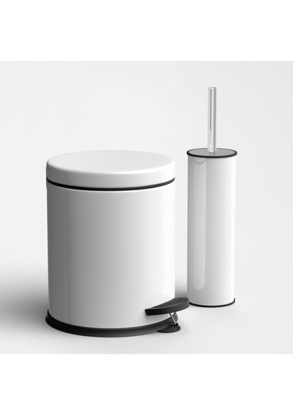 Tekno Trust Beyaz 5 Litre 2'li Banyo Seti Pedallı Çöp Kovası Wc Klozet Tuvalet Fırça Seti Banyo Çöp Kovası