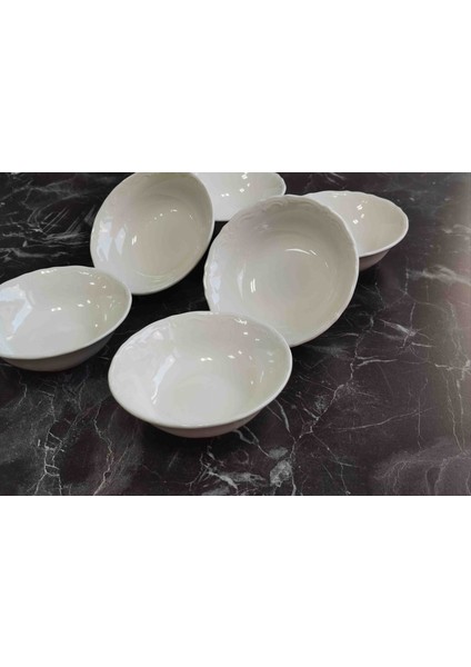 Porselen Kase Beyaz Kendinden Desenli 6lı Set