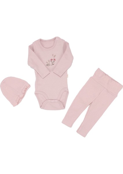 Kız Bebek Somon Çicek Baskılı Zıbınlı Bereli 3'lü Takım - 1015015