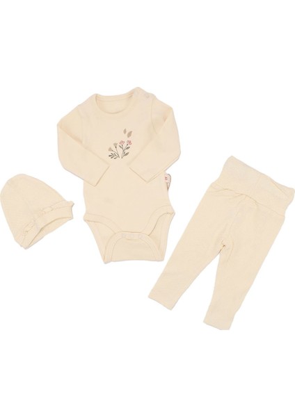 Kız Bebek Ekru Çicek Baskılı Zıbınlı Bereli 3'lü Takım - 1015014