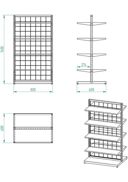 80 x 60 Çift Taraflı Metal Beyaz Stand Metal Raflı