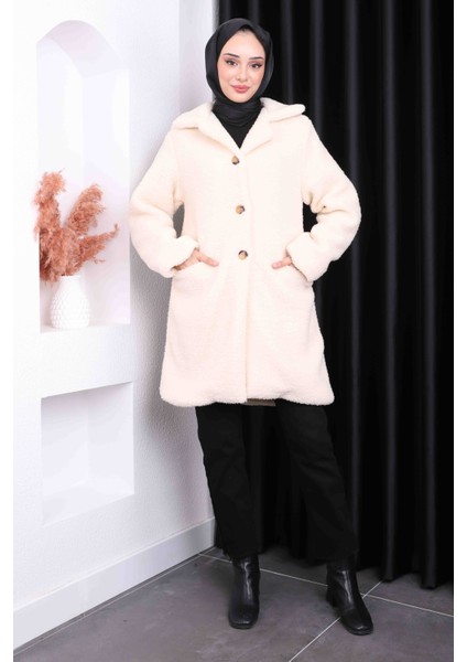 Krem Düğmeli Angora Peluş Kaban