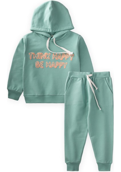 Thınk Happy Baskılı Kapşonlu Sweatshirt Takım 3-9 Yaş Su Yeşili