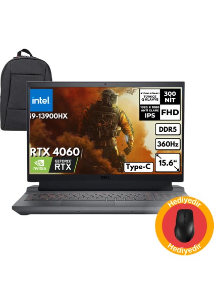 G15 5530 I9-13900HX 64-Gbddr5 1 Tbssd RTX4060 8gb 15.6" Fhd Windows 11 Pro Taşınabilir Bilgisayar + MD200 Mouse + Çanta G155530017U_MD200_CNTBT90