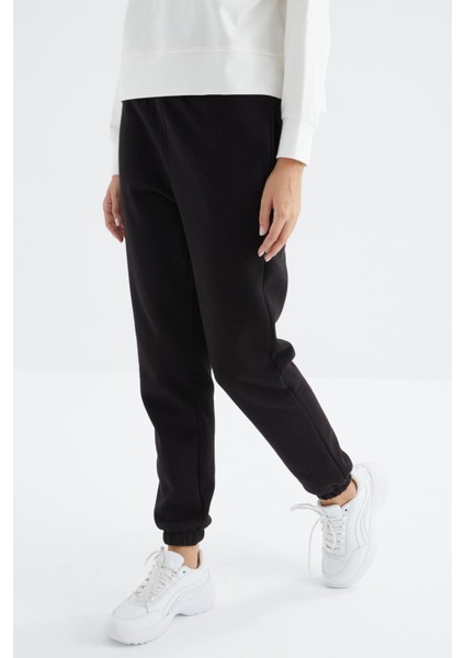 Siyah Yüksek Bel Şardonlu 3 İplik PamukluBasic Kadın Eşofman Alt - 94624 fiyatları