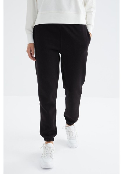 Siyah Yüksek Bel Şardonlu 3 İplik PamukluBasic Kadın Eşofman Alt - 94624 fırsatları