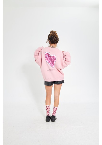 Pembe Bisiklet Yaka Kadın No Fear Ön ve Baskılı Oversize Sweatshirt indirimleri