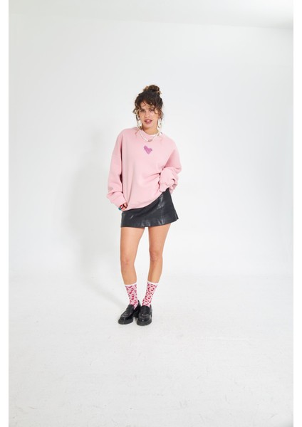 Pembe Bisiklet Yaka Kadın No Fear Ön ve Baskılı Oversize Sweatshirt