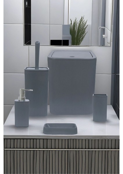 Tekno Trust Line 5 Parça Kare Banyo Seti - Çöp Kovası Wc Fırçası Sıvı-Katı Sabunluk Diş Fırçası