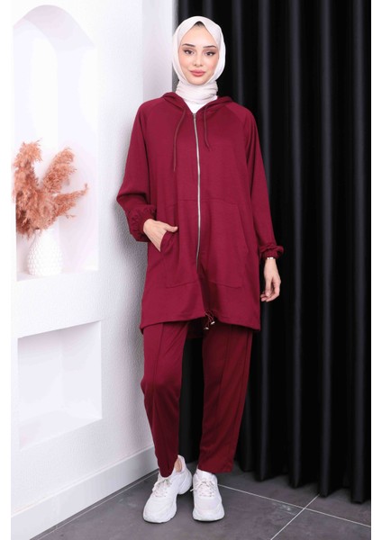 Bordo Kapüşonlu Modal Pantolonlu Takım
