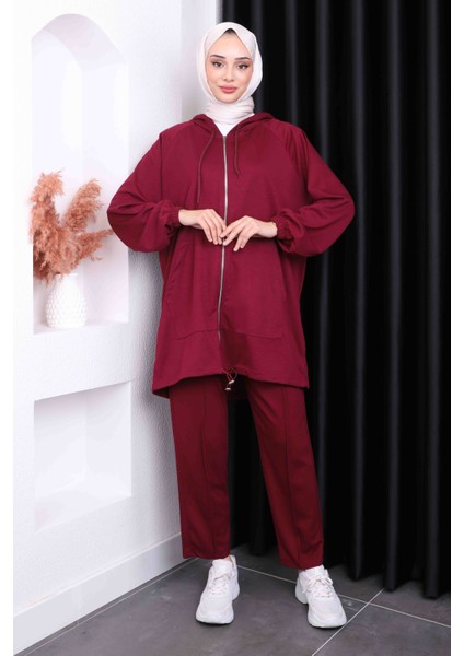 Bordo Kapüşonlu Modal Pantolonlu Takım
