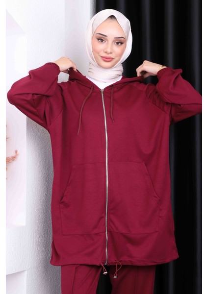 Bordo Kapüşonlu Modal Pantolonlu Takım