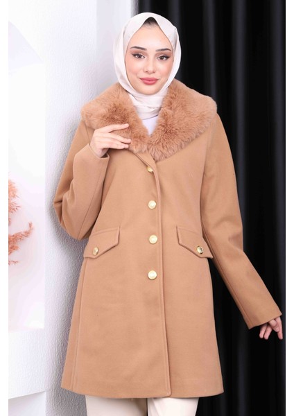 Camel Yaka Kürklü Kısa Kaşe Kaban
