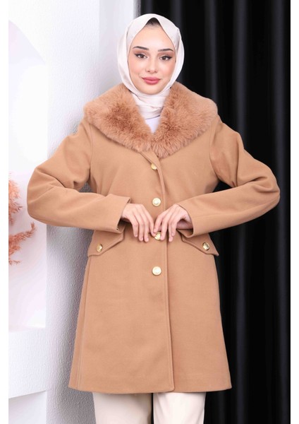 Camel Yaka Kürklü Kısa Kaşe Kaban modelleri