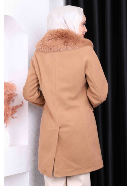 Camel Yaka Kürklü Kısa Kaşe Kaban fırsatları