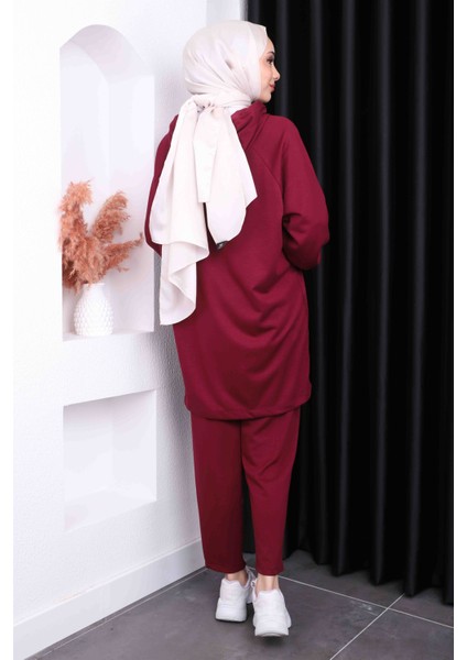 Bordo Kapüşonlu Modal Pantolonlu Takım
