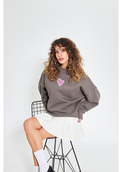 Füme Bisiklet Yaka Kadın No Fear Ön ve Baskılı Oversize Sweatshirt