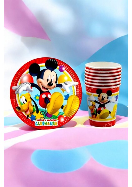 8 Adet Mickey Mouse Temalı Tabak Bardak Seti - Doğum Günü Parti ve Eğlenceli Etkinlikler Için