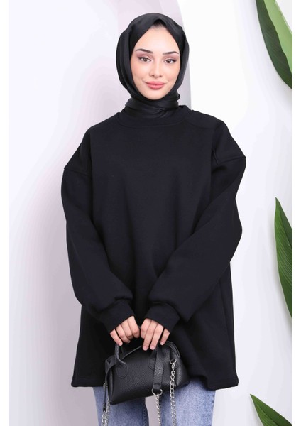 Siyah Bisiklet Yaka Üç İplik Sweat Tunik