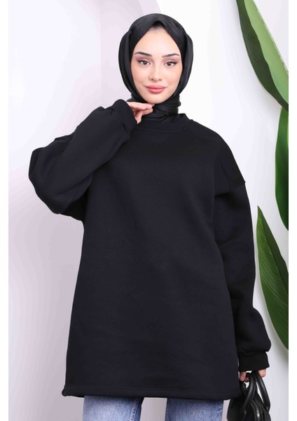 Siyah Bisiklet Yaka Üç İplik Sweat Tunik