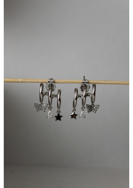 Vip Çelik Zirkon Taş Işleme Üçlü Görünümlü Kelebek, Yıldız, Damla Detaylı Küpe fiyatları