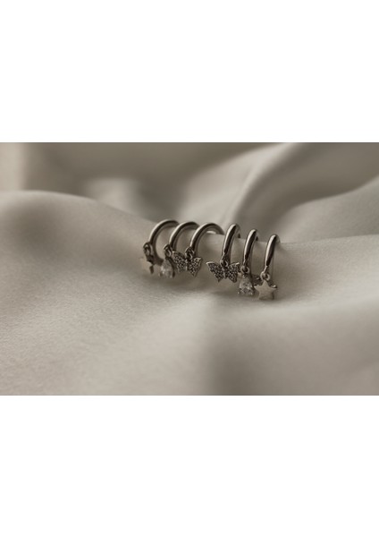 Vip Çelik Zirkon Taş Işleme Üçlü Görünümlü Kelebek, Yıldız, Damla Detaylı Küpe modelleri