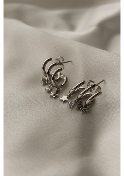 Vip Çelik Zirkon Taş Işleme Üçlü Görünümlü Kelebek, Yıldız, Damla Detaylı Küpe fırsatları