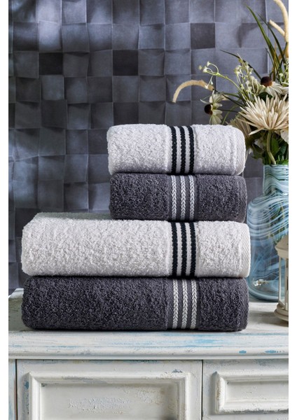 4'lü pamuklu banyo havlu seti, krem-antrasit renk seçenekleri