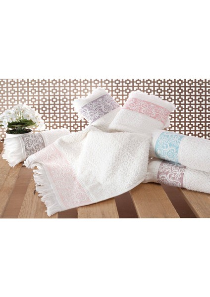 2'li mor pamuklu kabartma bordürlü ve püsküllü el/yüz havlusu 50x85 cm fırsatları