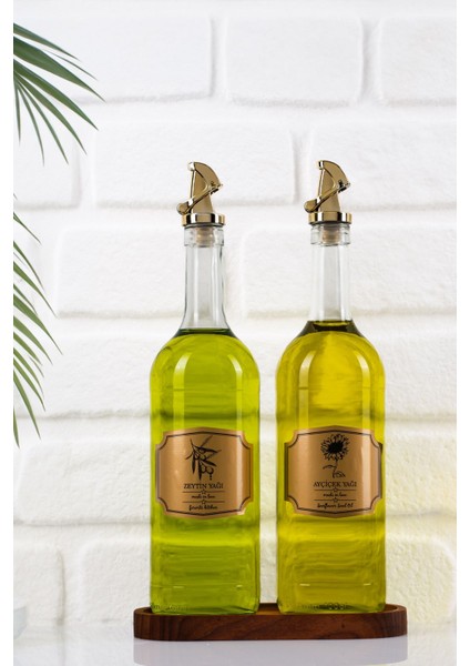 Moss 2\'li Ahşap Stantlı Damlatmaz Zeytinyağı Sıvıyağ Şişesi Cam Yağdanlık Seti 1000 ml