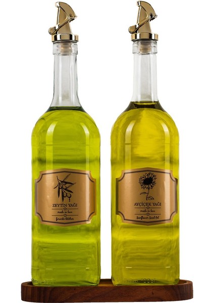 Moss 2\'li Ahşap Stantlı Damlatmaz Zeytinyağı Sıvıyağ Şişesi Cam Yağdanlık Seti 1000 ml
