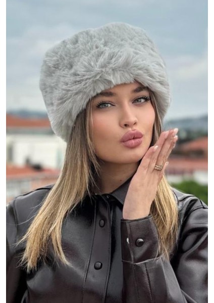 Kadın Kışlık Luxury Gri Rus/slav Tarzı Suni Kürklü Peluş Tüylü Trenduşanka Kalpak Şapka