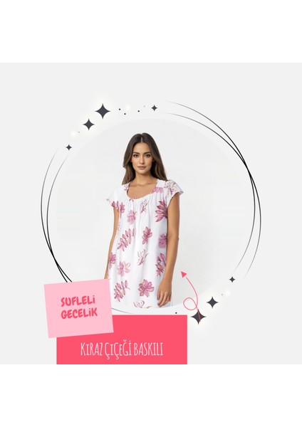 Sufleli - Bebe Overloklu-Kiraz Çiçeği Baskılı-Kısa Kollu Gecelik - 09349