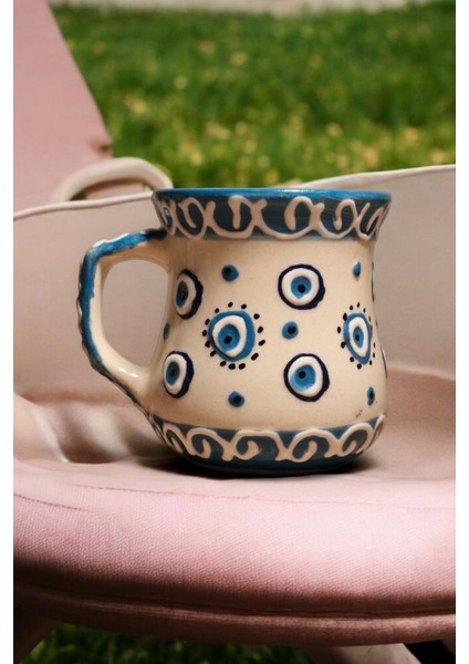 Kütahya Seramik Bardak Nazar Boncuklu El Işlemeli 1.sınıf Kulplu Kıvrımlı Bardak 300 ml