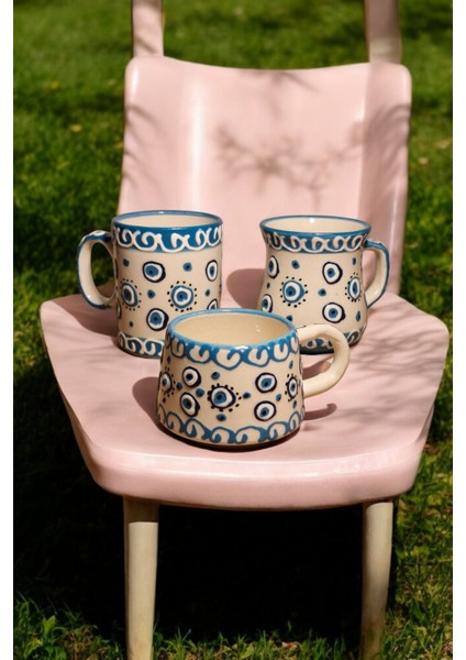 Kütahya Seramik Bardak Nazar Boncuklu El Işlemeli 1.sınıf Kulplu Kıvrımlı Bardak 300 ml modelleri