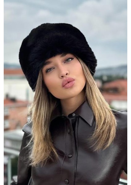 Kadın Kışlık Luxury Siyah Rus/slav Tarzı Suni Kürklü Peluş Tüylü Trenduşanka Kalpak Şapka