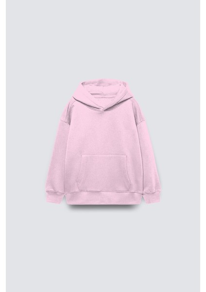 Pembe Basic Çocuk Kapüşonlu Kanguru Cep Detaylı Içi Polar Oversize Sweatshirt