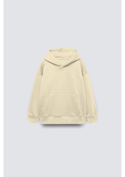 Bej Basic Çocuk Kapüşonlu Kanguru Cep Detaylı Içi Polar Oversize Sweatshirt