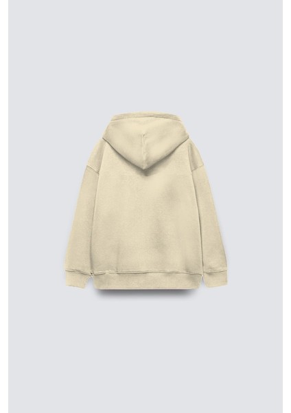 Bej Basic Çocuk Kapüşonlu Kanguru Cep Detaylı Içi Polar Oversize Sweatshirt