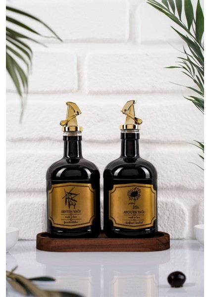 Moss 2\'li Ahşap Standlı Damlatmaz Zeytinyağı Sıvıyağ Şişesi Cam Yağdanlık Seti 500 ml Siyah